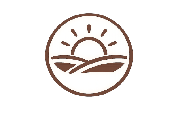 DE NUESTRA FINCA A TU CASA Logotipo con un sol estilizado sobre campos ondulados.